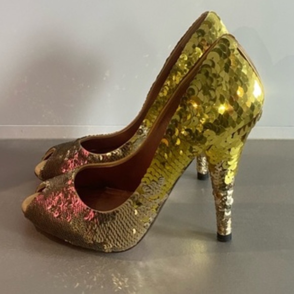Miu Miu Gold Ombré Sequin Peep-Toe Sandals - Picture 4 of 5
